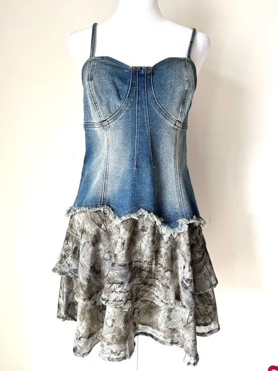 Forever 21 Y2K Denim bustier Mini Dress tiered skirt - Picture 1 of 9